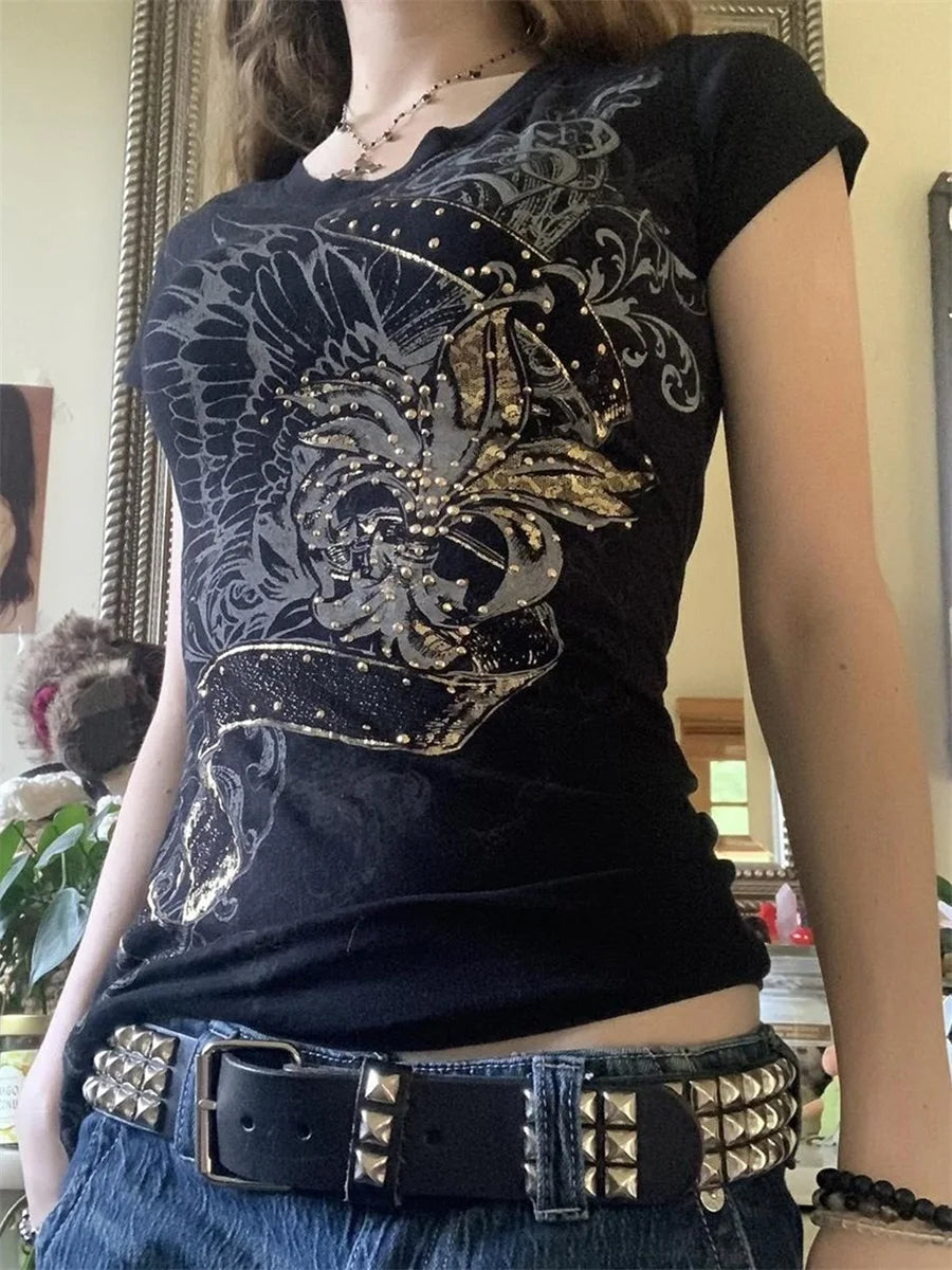 Women Rhinestone Tops with Short Sleeve T-Shirts and Blouses