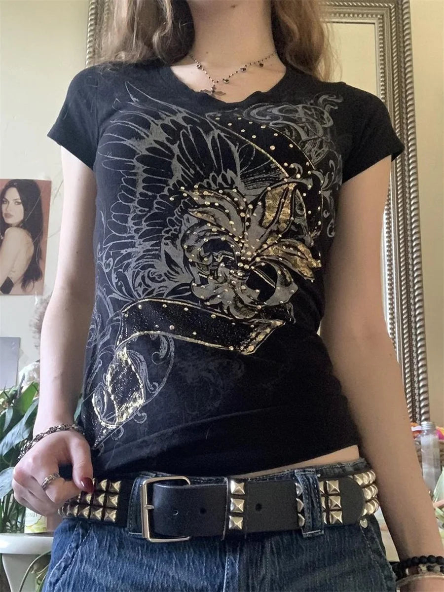 Women Rhinestone Tops with Short Sleeve T-Shirts and Blouses