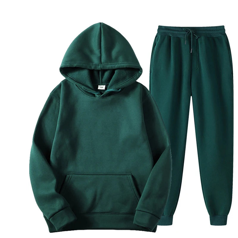 Men / Women Tracksuit Hoodies Casual Solid Color Thick Pullover and Long Pant 2-piece Set