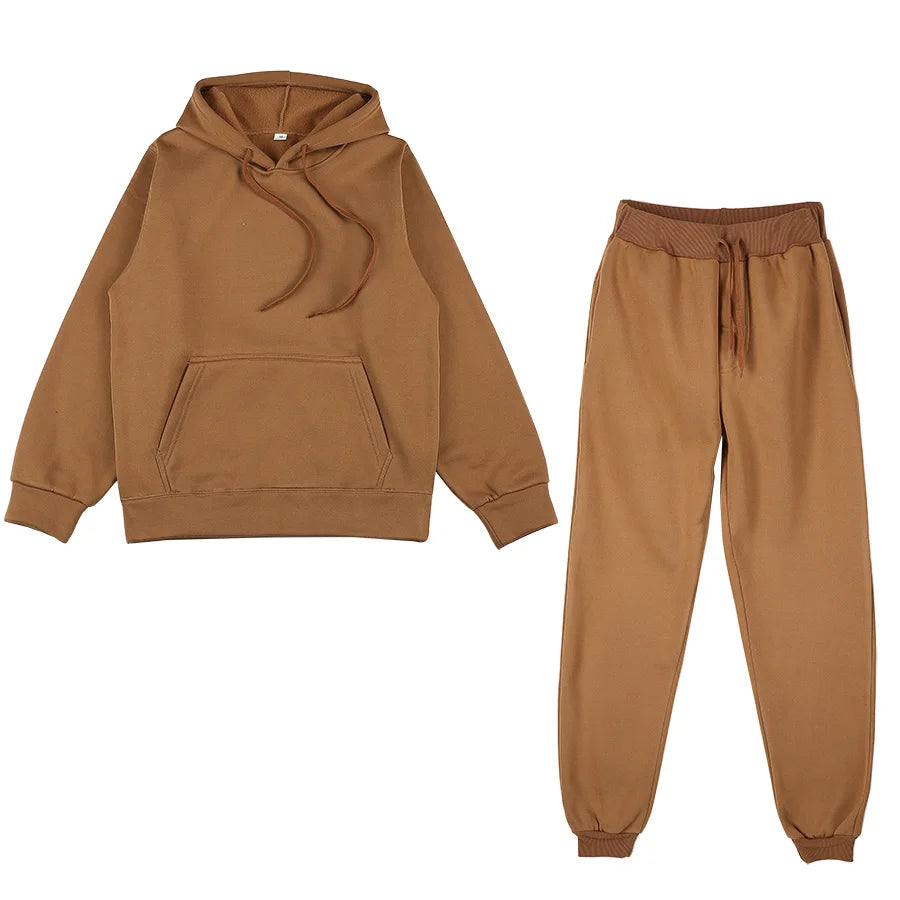Men / Women Tracksuit Hoodies Casual Solid Color Thick Pullover and Long Pant 2-piece Set