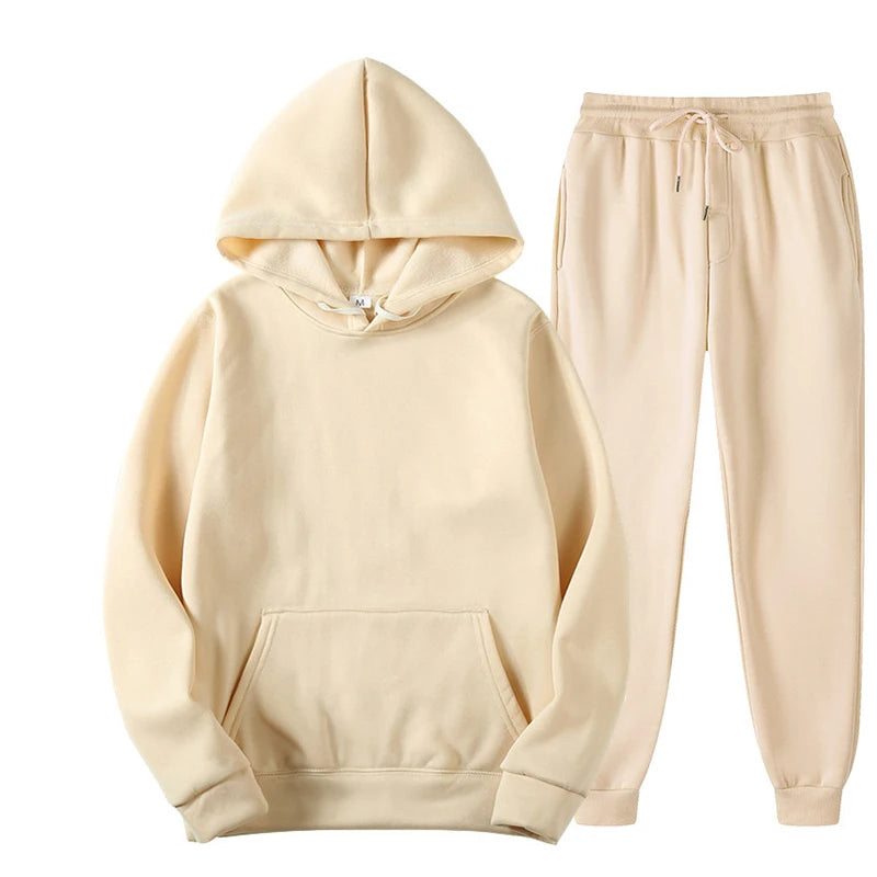Men / Women Tracksuit Hoodies Casual Solid Color Thick Pullover and Long Pant 2-piece Set