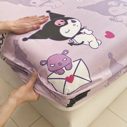 Sanrio Pure Cotton Fitted Sheet Three-piece Set Hellokitty My Melody Cotton Bedspread Cute Kuromi Full Surround Protective Cover
