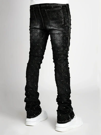 Men's denim fashion personality straight leg men's pants European and American fashion Instagram hot item elastic pearl denim la
