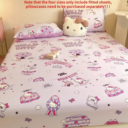 Sanrio Pure Cotton Fitted Sheet Three-piece Set Hellokitty My Melody Cotton Bedspread Cute Kuromi Full Surround Protective Cover