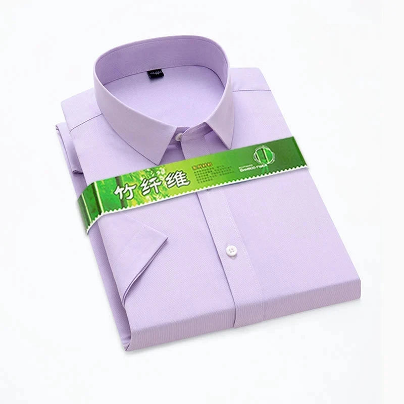 Bamboo Fiber Stretch Men Shirt Fashion Casual Business Short-Sleeved Top Anti-Wrinkle No-Iron Solid Color Formal Shirt S-6XL