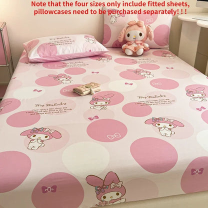 Sanrio Pure Cotton Fitted Sheet Three-piece Set Hellokitty My Melody Cotton Bedspread Cute Kuromi Full Surround Protective Cover