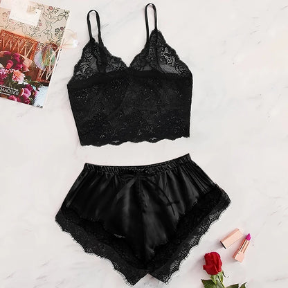 Lace See-Through Pajamas Black Pink  Comfortable Breathable