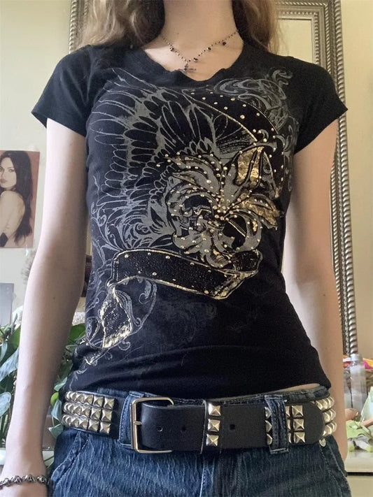 Women Rhinestone Tops with Short Sleeve T-Shirts and Blouses