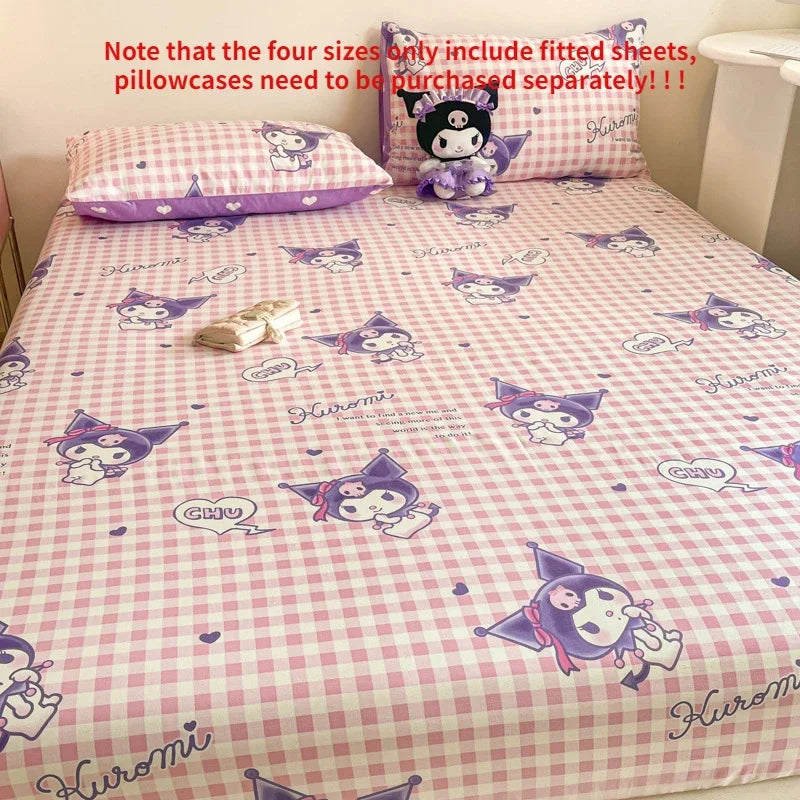 Sanrio Pure Cotton Fitted Sheet Three-piece Set Hellokitty My Melody Cotton Bedspread Cute Kuromi Full Surround Protective Cover