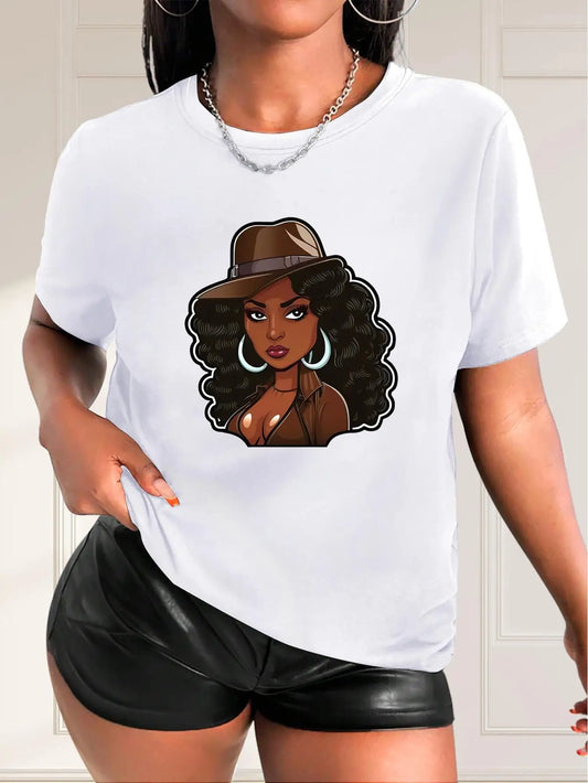 Portrait Print T-Shirt for Women Short Sleeve, Breathable