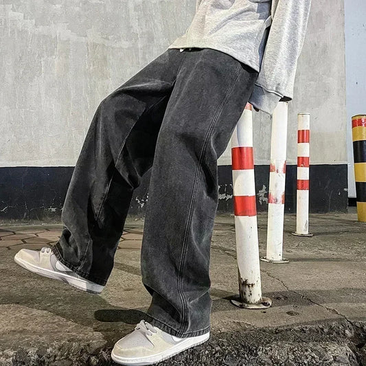 Korean Style Streetwear New Fashion Baggy Casual Men Jeans High Street Harajuku  Denim Trousers Men Brand pants Black grey Blue