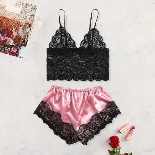 Lace See-Through Pajamas Black Pink  Comfortable Breathable