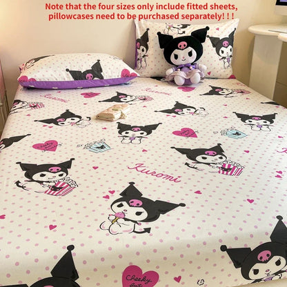 Sanrio Pure Cotton Fitted Sheet Three-piece Set Hellokitty My Melody Cotton Bedspread Cute Kuromi Full Surround Protective Cover