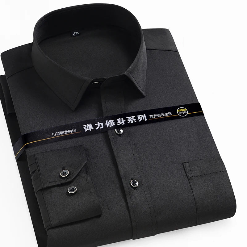 Men's Shirt Long Sleeve Stand-collar Single Patch Pocket Smart Casual Regular-fit Business Office Dress Shirts