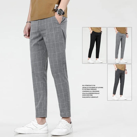 New 2025 grid fashion European and American style men's pants for business, leisure, travel, slim fit, comfortable and multifunc