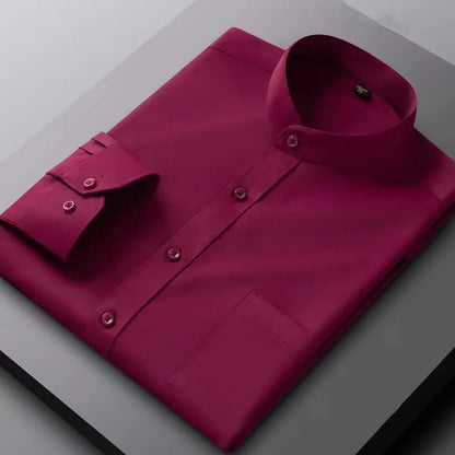 Men's Shirt Long Sleeve Stand-collar Single Patch Pocket Smart Casual Regular-fit Business Office Dress Shirts