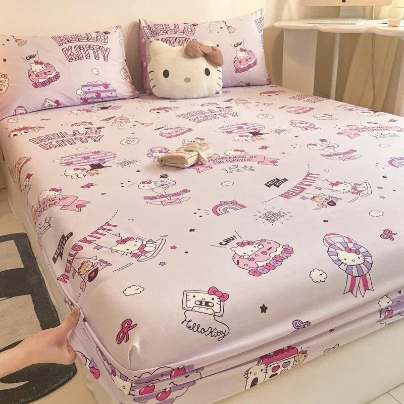 Sanrio Pure Cotton Fitted Sheet Three-piece Set Hellokitty My Melody Cotton Bedspread Cute Kuromi Full Surround Protective Cover