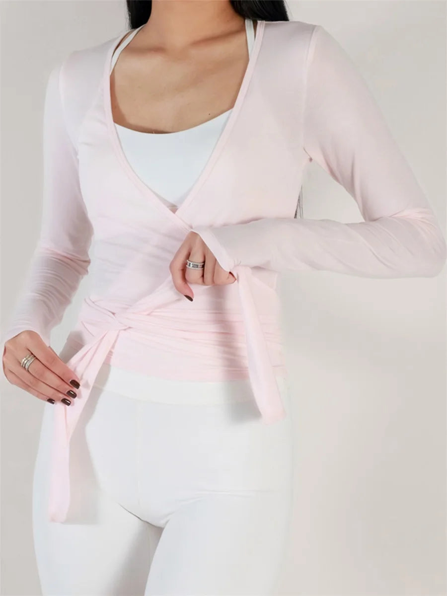 Women Wrap Tops Solid  Workout T-Shirt