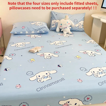 Sanrio Pure Cotton Fitted Sheet Three-piece Set Hellokitty My Melody Cotton Bedspread Cute Kuromi Full Surround Protective Cover