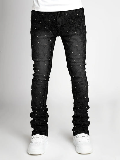 Men's denim fashion personality straight leg men's pants European and American fashion Instagram hot item elastic pearl denim la