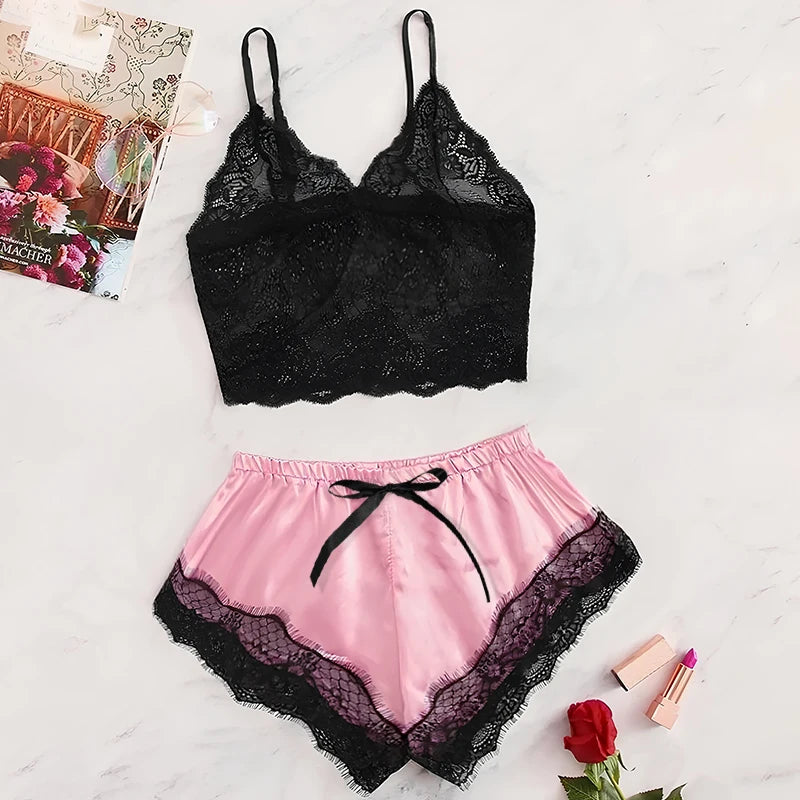Lace See-Through Pajamas Black Pink  Comfortable Breathable