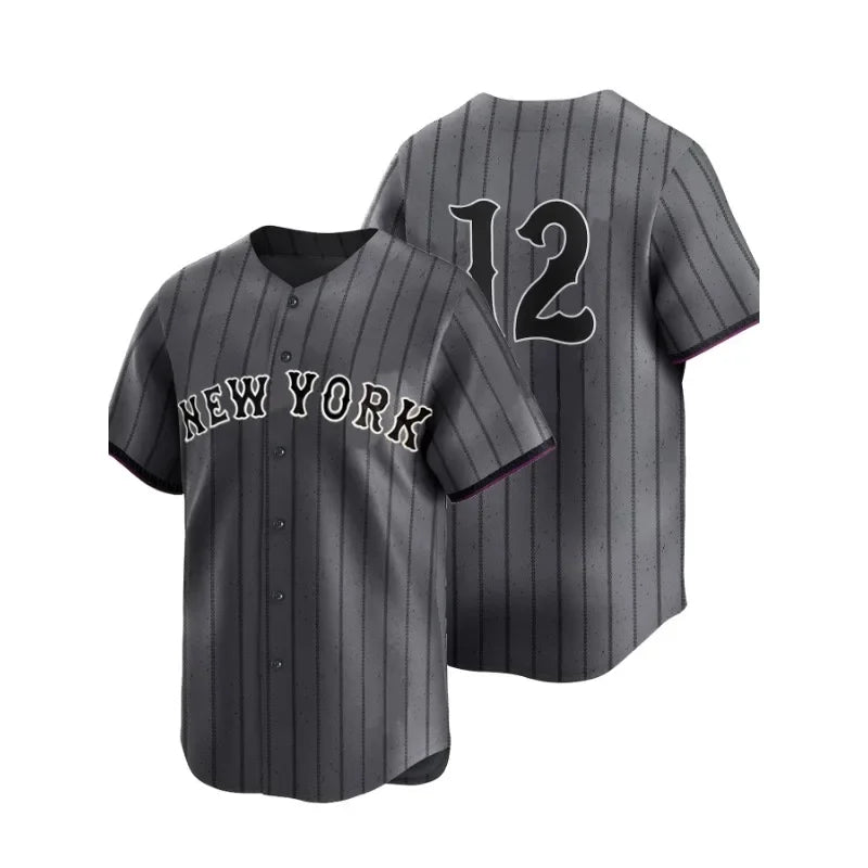 Men's New York #12 Stripe City Edition Baseball Jersey V-Neck Shirt, Breathable Loose Fit Short Sleeve for Training,Casual Wear