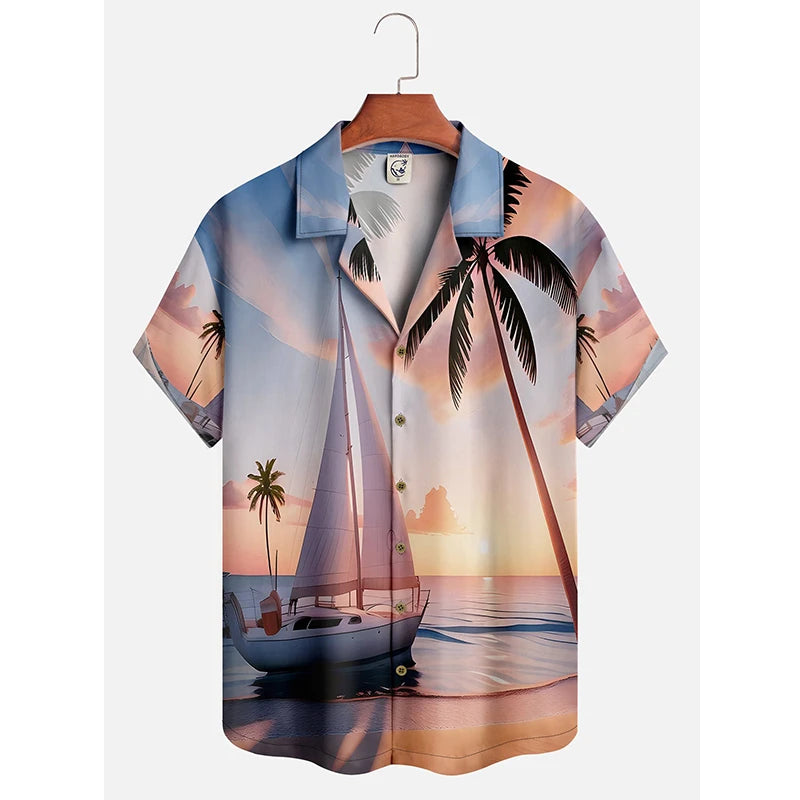 Men's Hawaii Summer Dusk Pattern Casual Shirt 3D Beach Funny Short Sleeve Womens Clothes Blouse New Hot Sale Floral Y2k Top
