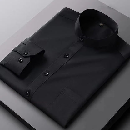 Men's Shirt Long Sleeve Stand-collar Single Patch Pocket Smart Casual Regular-fit Business Office Dress Shirts