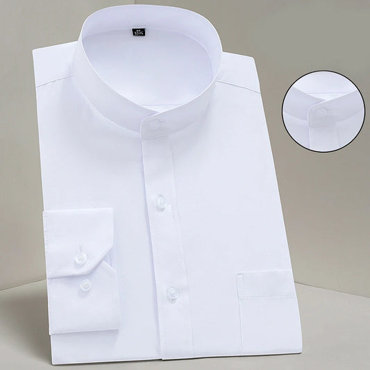 Men's Shirt Long Sleeve Stand-collar Single Patch Pocket Smart Casual Regular-fit Business Office Dress Shirts