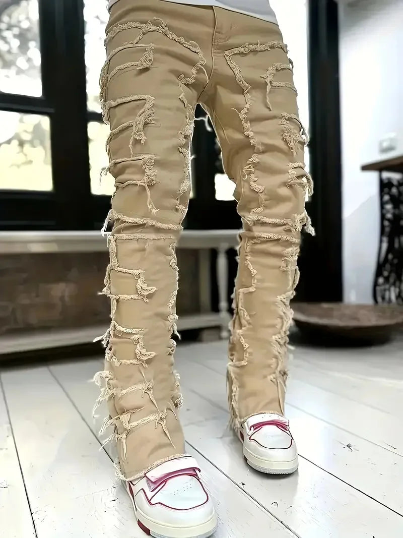Y2k hip-hop style fringed jeans, men's casual street style stretch jeans