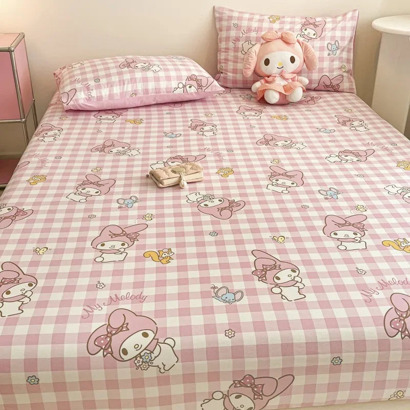 Sanrio Pure Cotton Fitted Sheet Three-piece Set Hellokitty My Melody Cotton Bedspread Cute Kuromi Full Surround Protective Cover