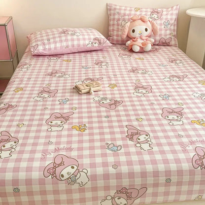 Sanrio Pure Cotton Fitted Sheet Three-piece Set Hellokitty My Melody Cotton Bedspread Cute Kuromi Full Surround Protective Cover