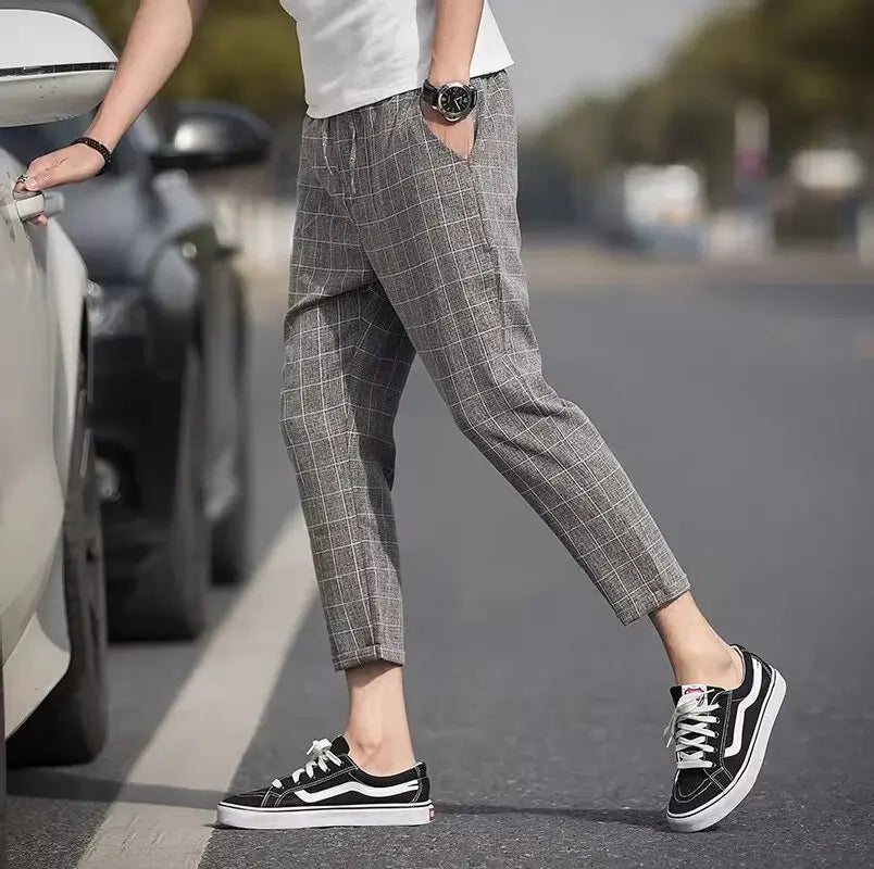 New 2025 grid fashion European and American style men's pants for business, leisure, travel, slim fit, comfortable and multifunc