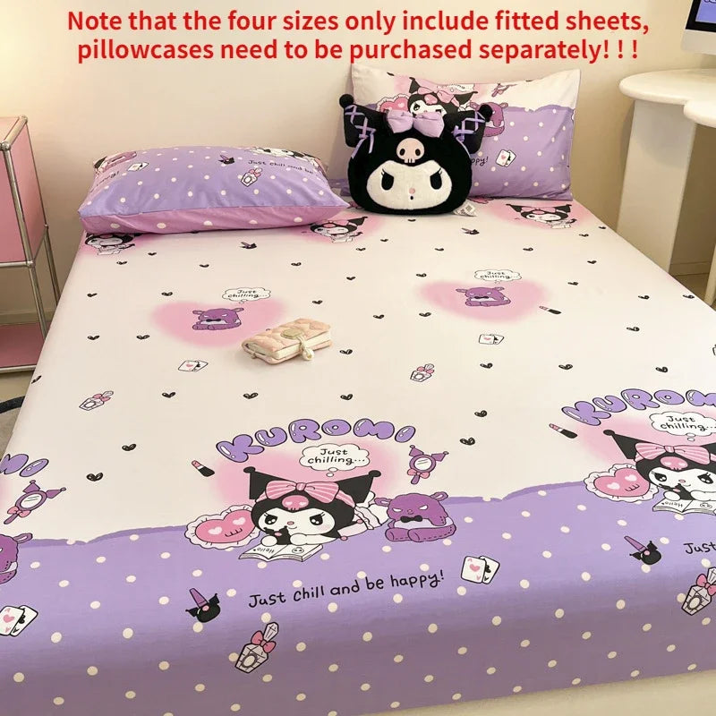 Sanrio Pure Cotton Fitted Sheet Three-piece Set Hellokitty My Melody Cotton Bedspread Cute Kuromi Full Surround Protective Cover