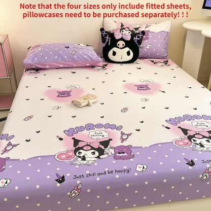Sanrio Pure Cotton Fitted Sheet Three-piece Set Hellokitty My Melody Cotton Bedspread Cute Kuromi Full Surround Protective Cover