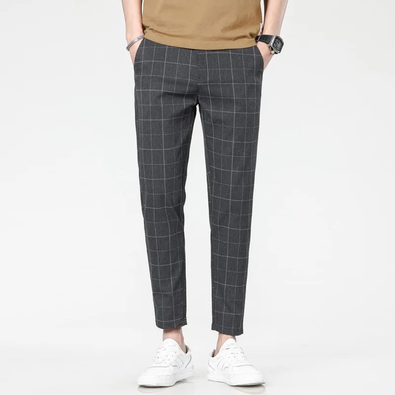 New 2025 grid fashion European and American style men's pants for business, leisure, travel, slim fit, comfortable and multifunc