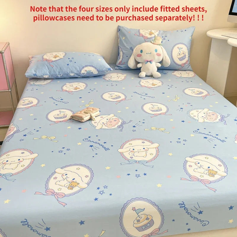 Sanrio Pure Cotton Fitted Sheet Three-piece Set Hellokitty My Melody Cotton Bedspread Cute Kuromi Full Surround Protective Cover