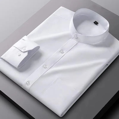 Men's Shirt Long Sleeve Stand-collar Single Patch Pocket Smart Casual Regular-fit Business Office Dress Shirts