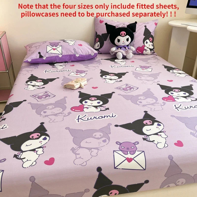 Sanrio Pure Cotton Fitted Sheet Three-piece Set Hellokitty My Melody Cotton Bedspread Cute Kuromi Full Surround Protective Cover