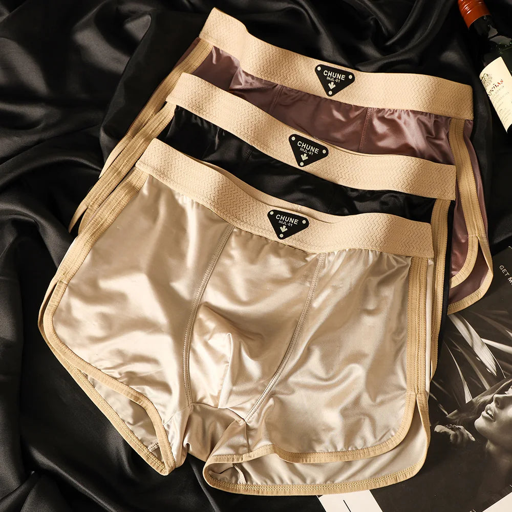 3PCS/Pack Luxury Satin-like Ice Silk Breathable Double-layer Silk Crotch Boxer High Elastic Underpants