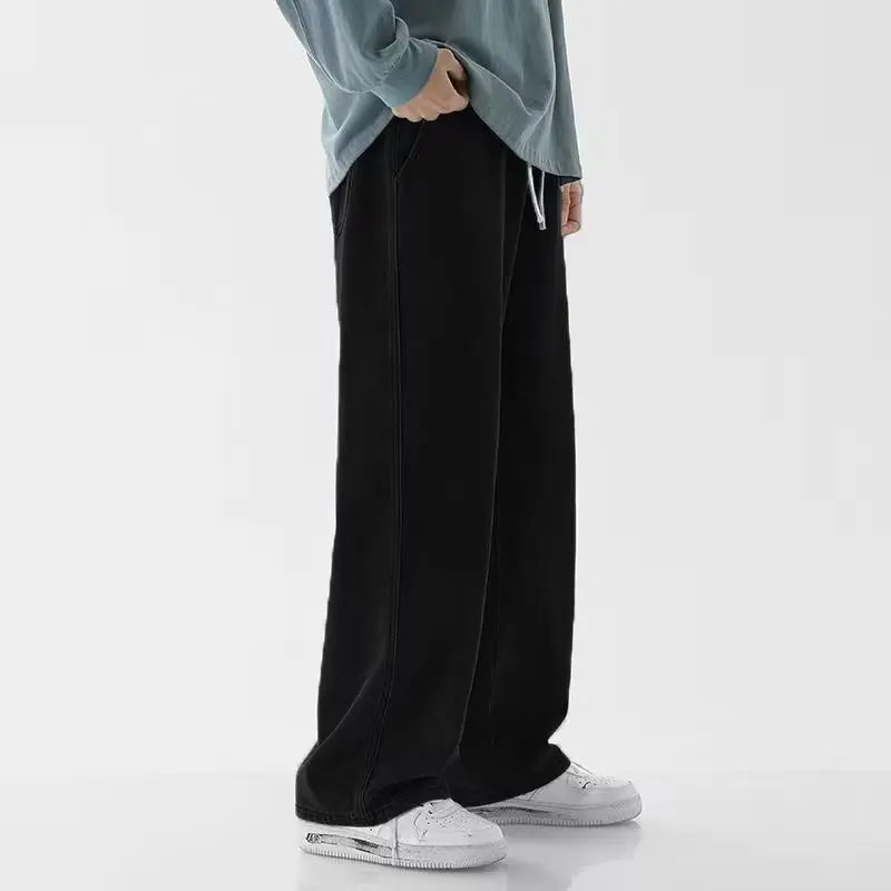Korean Solid Colors Men's Casual Long Jeans Classic Man Four Seasons Straight Denim Wide-leg Pants Light Blue Grey Black S-3XL